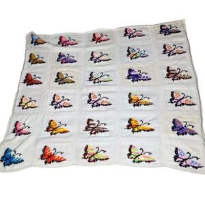 Vintage Butterfly crochet afghan knitted blanket throw retro vtg unique